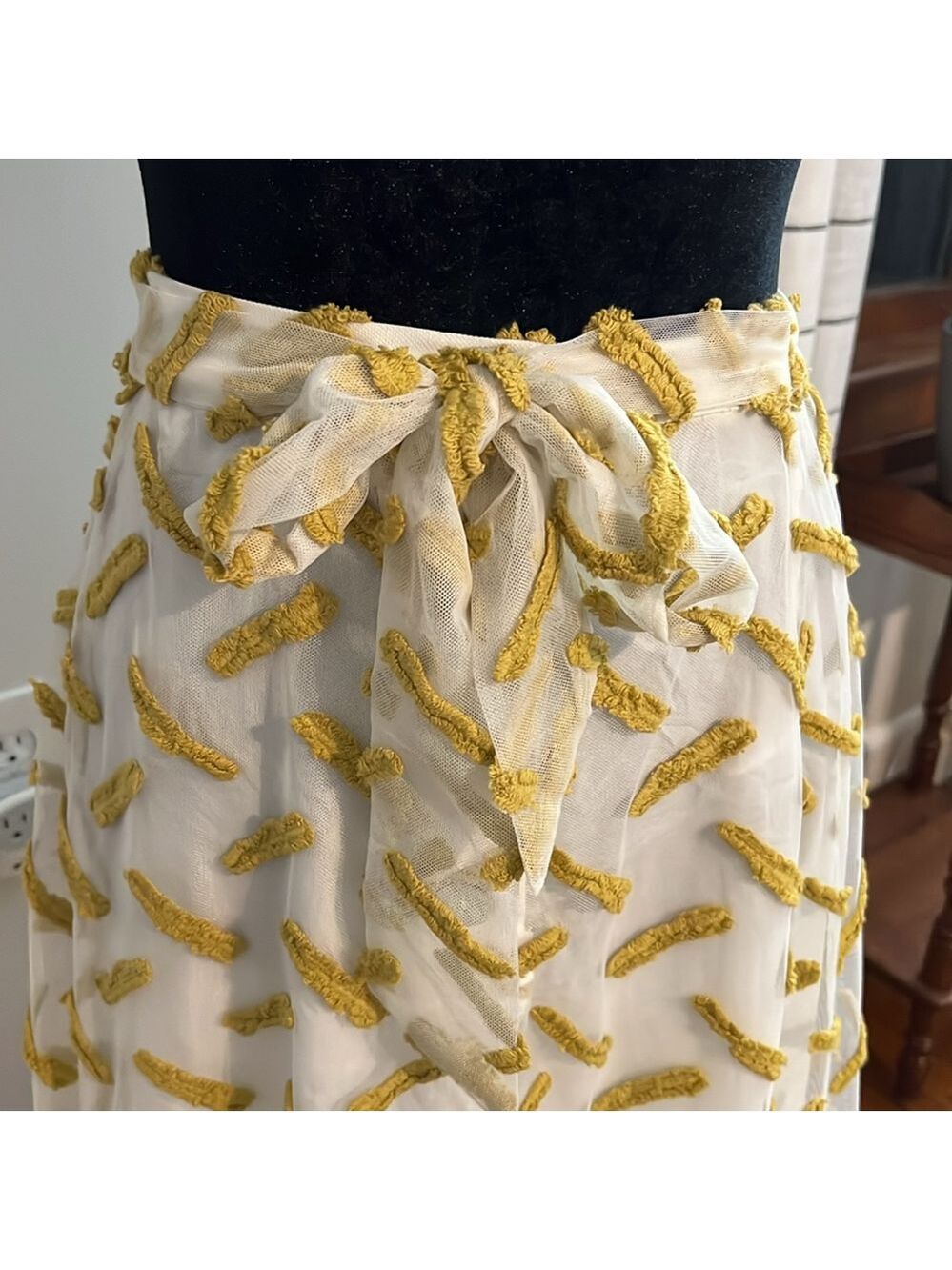 Daniel Rainn Anthropologie Cream & Mustard Embroidered Maxi Skirt Tie Waist - Picture 4 of 9